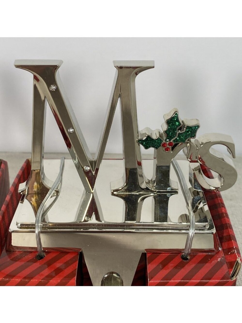 Mr.& Mrs. Stocking Holder Silver Tone w/ Swarovski Crystal Accents Harvey Lewis - Picture 5 of 5